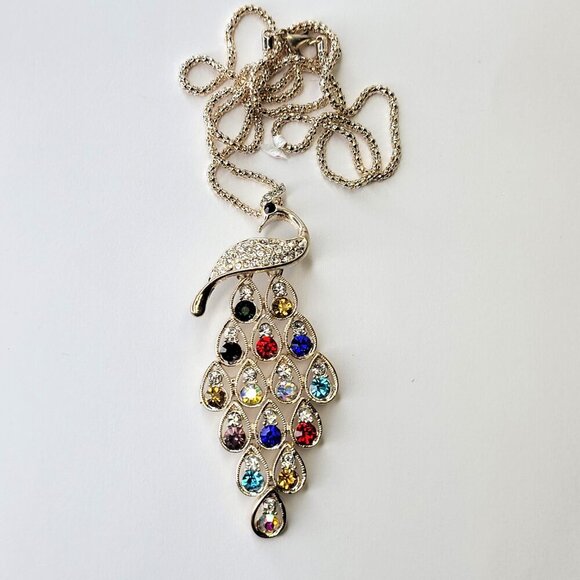 Colourful Peacock Long Pendant Necklace - Picture 2 of 8